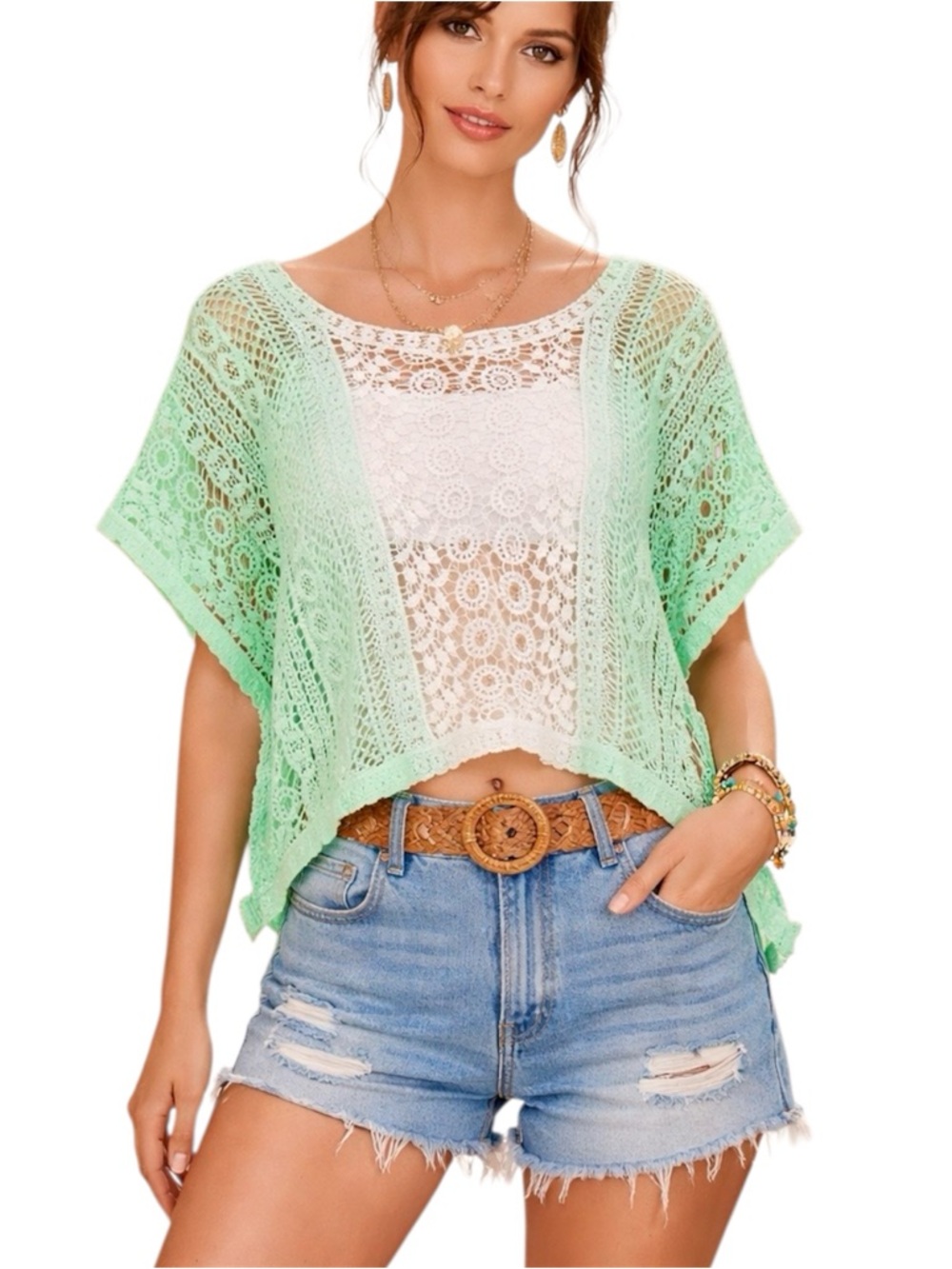 NWT Raga Anthropologie Square Poncho Top Green & White Crochet Top Swim Beach M